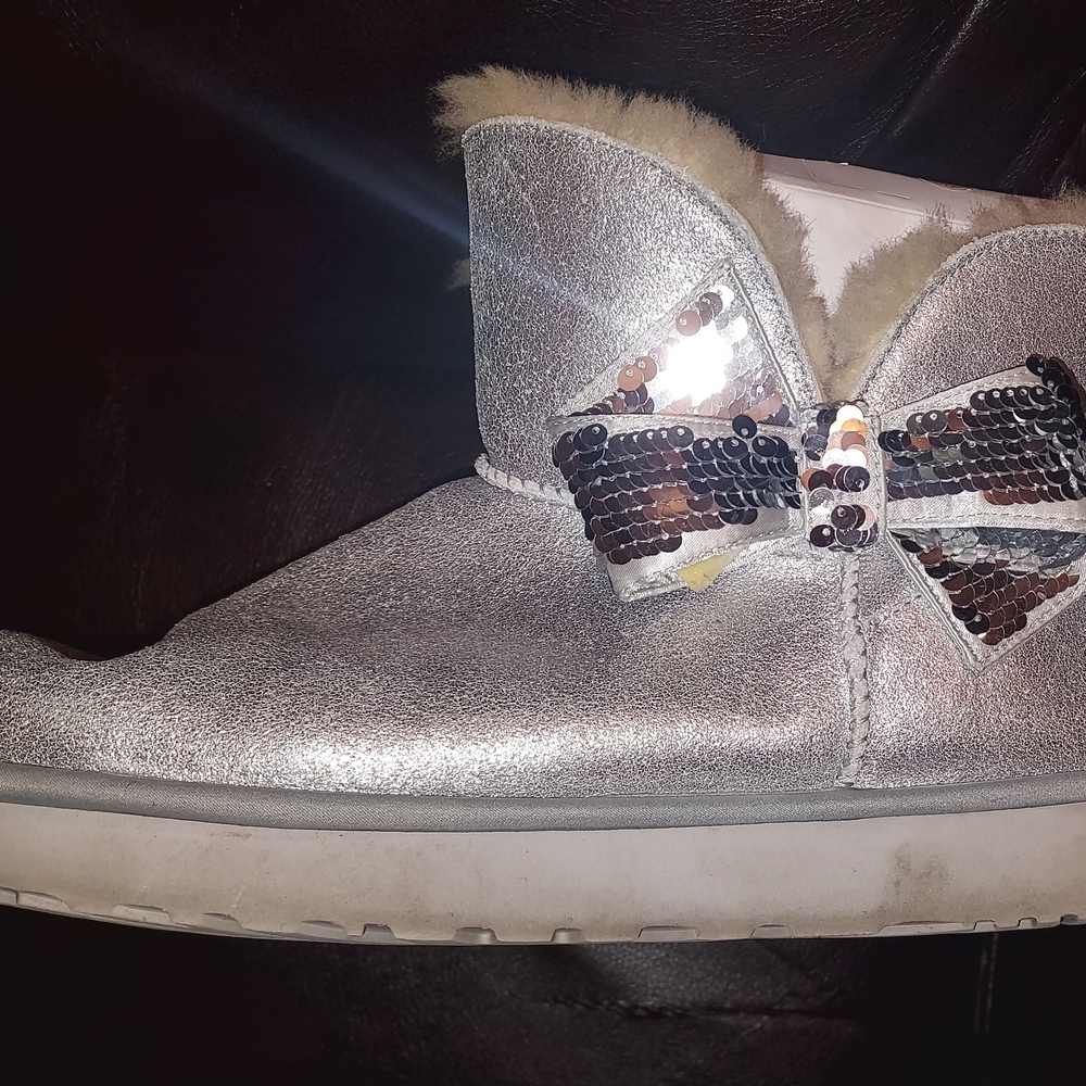 UGG Metallic Silver Ankle Boots With Sequin Bow